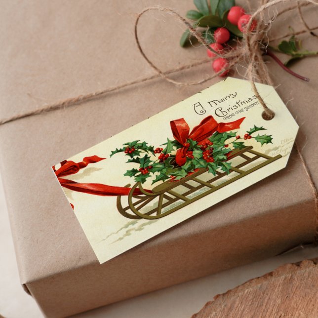 Vintage Christmas Sleigh Grüße Geschenkanhänger (Vintage Christmas Sleigh Greetings Gift Tag)