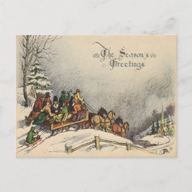 Vintage Christmas Sleigh Ride Postkarte (Vorderseite)