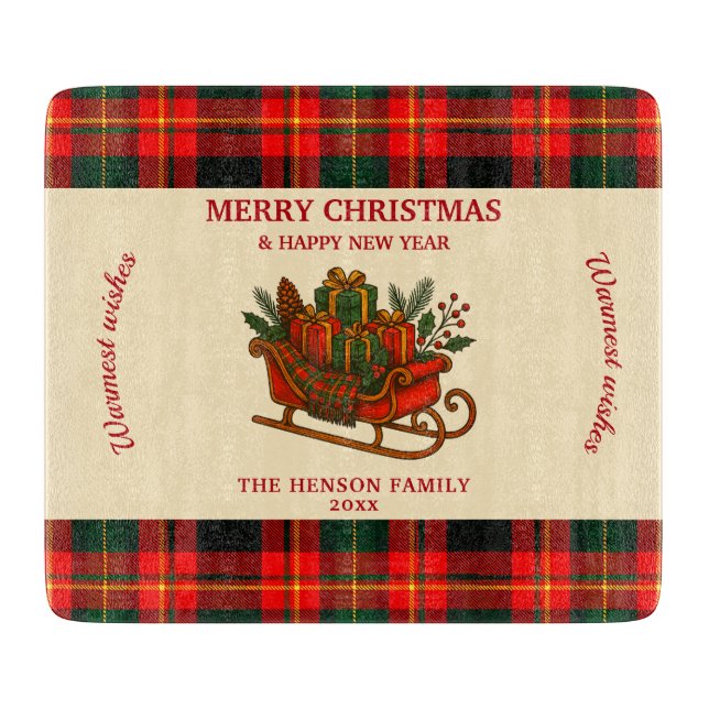 Vintage Christmas Sleigh with Gifts and Plaid  Schneidebrett (Vorderseite)