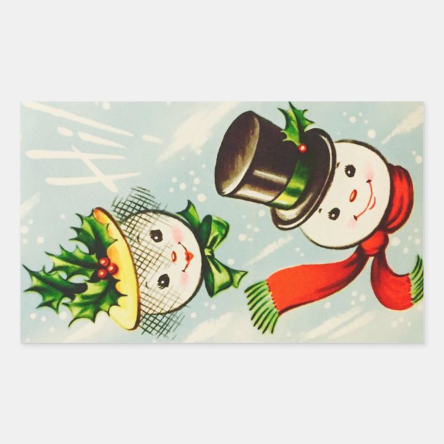 Vintage Christmas Snowman Couple Rechteckiger Aufkleber (Vorderseite)