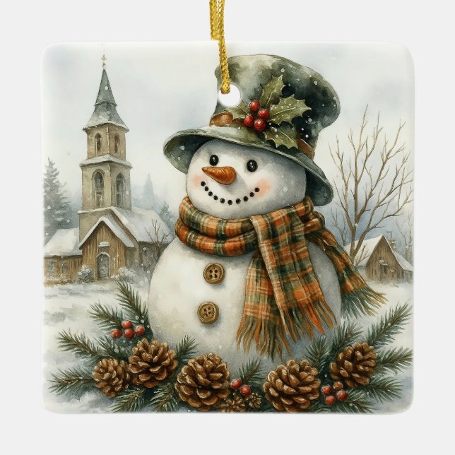 Vintage Christmas Snowman Keramikornament (Vorderseite)