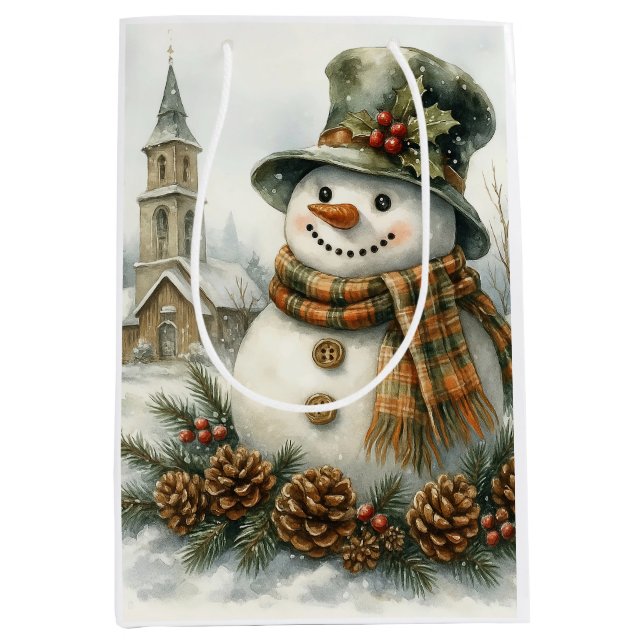 Vintage Christmas Snowman Mittlere Geschenktüte (Vorderseite)