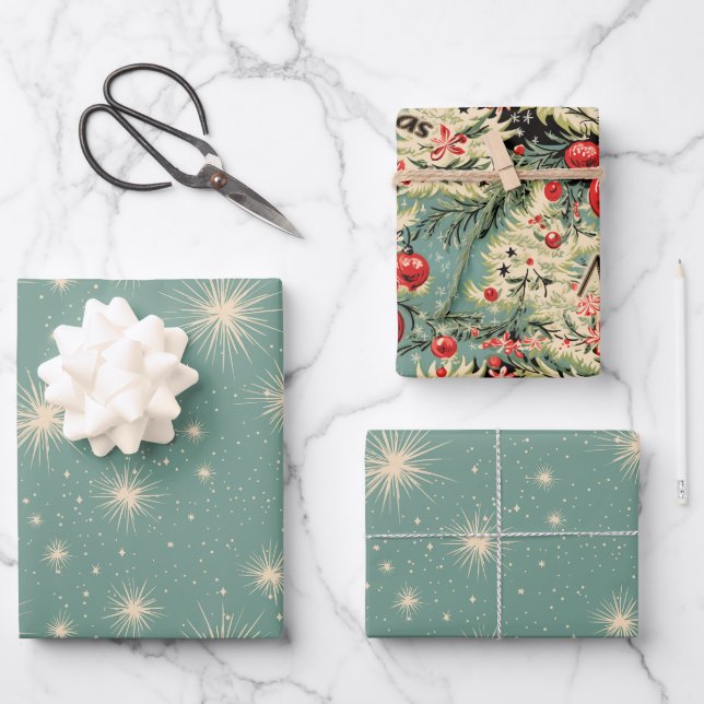 Vintage Christmas Starbursts Soft Blue Geschenkpapier Set (Vorderseite)
