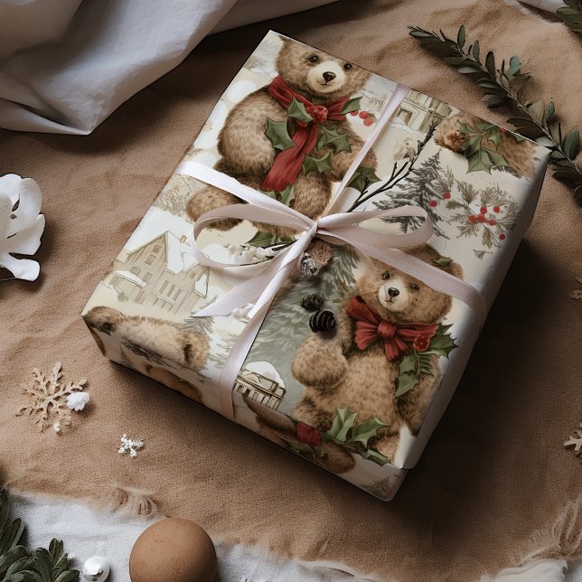 Vintage Christmas Teddy Bears Geschenkpapier (Von Creator hochgeladen)