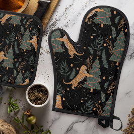 "Vintage Christmas Tiger mit Weihnachtsbaum Schwar Ofenhandschuh & Topflappen-Set