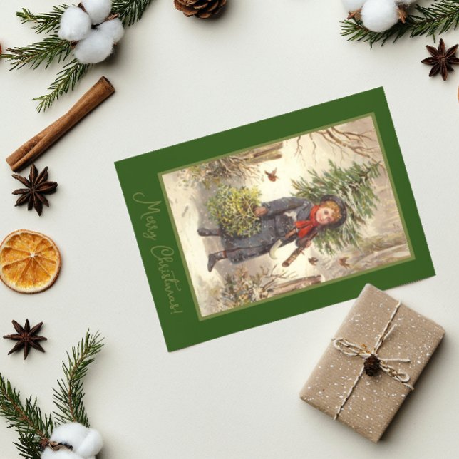 Vintage Christmas Tree Baby Girl Green Holiday Postkarte (Von Creator hochgeladen)