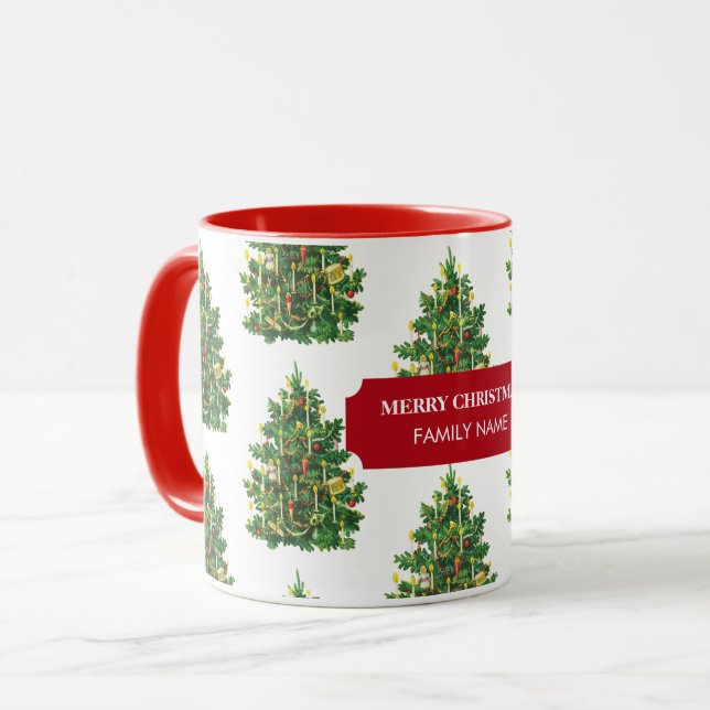 Vintage Christmas Tree Holiday Individuelle Name Tasse (Vorderseite Links)