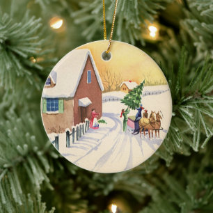 Vintage Christmas Tree on a Snowy Winter Road Keramikornament