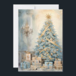 Vintage Christmas Tree präsentiert Blue Gold Feiertagskarte<br><div class="desc">Eleganter Vintager Weihnachtsbaum,  Blau und Weiß und Grußkarte. Personalisiert auf der Rückseite mit Ihrer Nachricht und Ihrem Namen. Kontaktieren Sie mich für Hilfe bei Ihrer Anpassung oder um zusätzliche Matching oder Koordination von Zazzle Produkten anzufordern.</div>