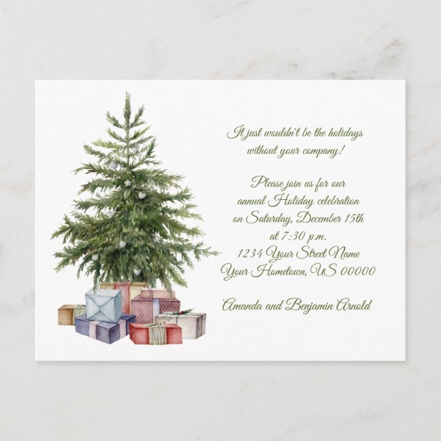 Vintage Christmas Tree präsentiert Feiertagsparty Postkarte (Vorderseite)