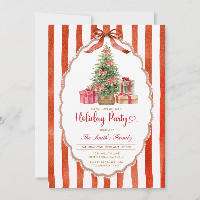 Vintage Christmas Tree Red Bow Holiday Party  Einladung (Vorderseite)