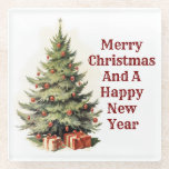 Vintage Christmas Tree Untersetzer<br><div class="desc">Hübsches,  Vintages Bild eines Weihnachtsbaumes mit Geschenken,  wird auf diesem Untersetzer für die Feiertage vorgestellt. Mit der Nachricht "Frohe Weihnachten und ein glückliches neues Jahr",  macht ein großartiges kleines Geschenk für Weihnachten oder nutzen Sie sich selbst. Die glatte Glasplatte,  fertig mit 3M™ Bumpon™ Gummifüßen,  ist in lebendiger Vollfarbe bedruckt!</div>