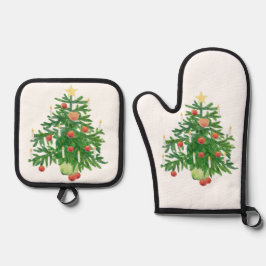 Vintage Christmas Tree with a Star White Ofenhandschuh & Topflappen-Set