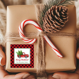 Vintage Christmas Truck   Buffalo Kariert Holiday Quadratischer Aufkleber