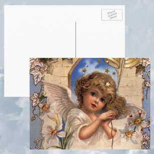 Vintage Christmas, Victorian Angel with Gold Bells Feiertagspostkarte
