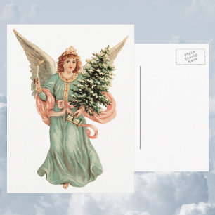Vintage Christmas, Victorian Angel with Tree Feiertagspostkarte