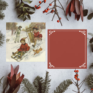 Vintage Christmas, Victorian Children Sledding Dog Feiertagskarte