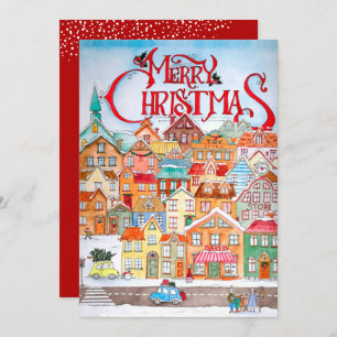 Vintage Christmas Village Flat Feiertagskarte