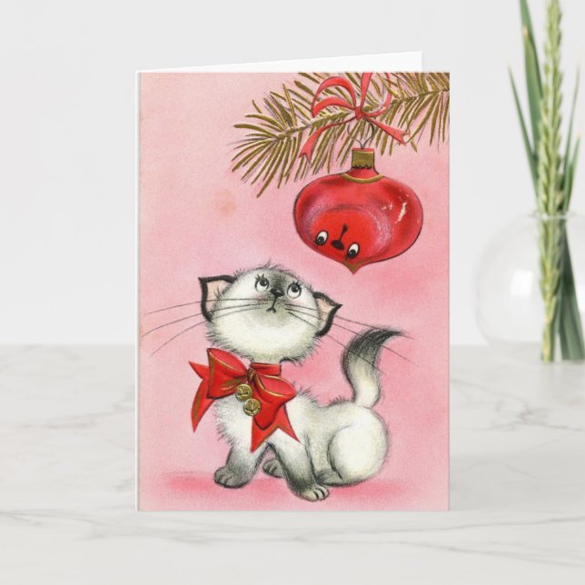 Vintage Christmas White Kitty Feiertagskarte (Vorderseite)