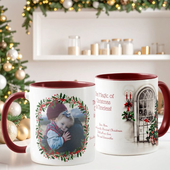 Vintage Christmas Window and Holly Photo Mug Tasse (Beautiful Christmas photo mug with a holly wreath bordering your photo and a vintage Christmas scene)