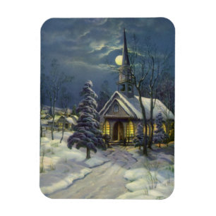 Vintage Christmas, Winter Church in Snow with Moon Magnet