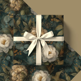 Vintage Christmas Winter Green and Cream Floral Geschenkpapier