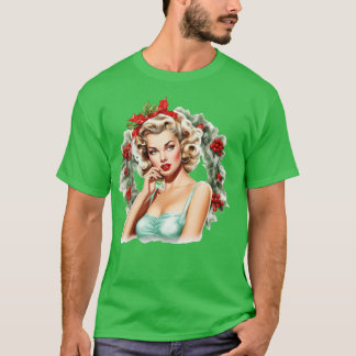 Vintage Christmas Wreath Blonde Pinup T-Shirt