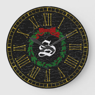 Vintage Christmas Wreath Monogram Große Wanduhr