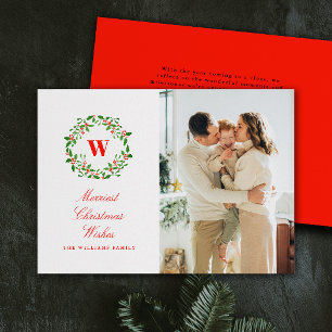 Vintage Christmas Wreath Monogram Portrait Foto Feiertagskarte