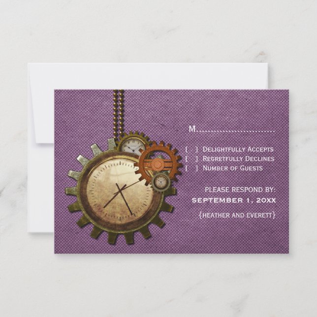 Vintage Clock Response Card, Lila RSVP Karte (Vorderseite)