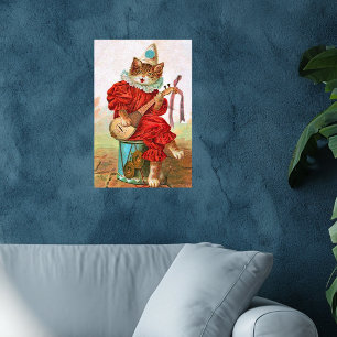 Vintage Clown Narr Musiker Katze Mandoline Poster