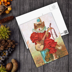 Vintage Clown Narr Musiker Katze Mandoline Postkarte