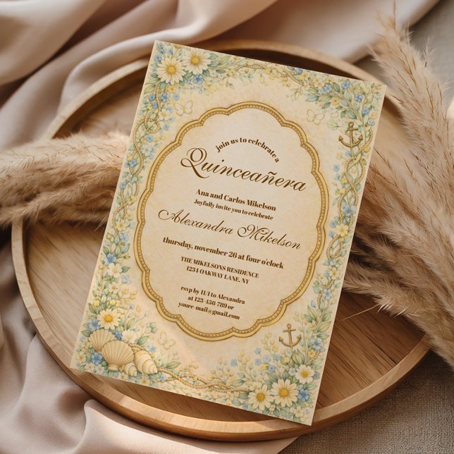 Vintage Coastal Daisy Quinceañera Einladung (Von Creator hochgeladen)