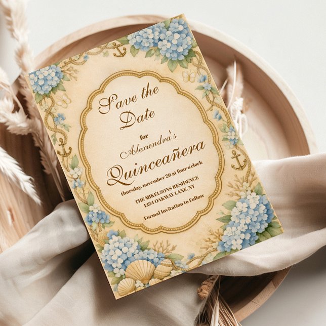 Vintage Coastal Hydrangea Quinceañera Save The Date (Von Creator hochgeladen)