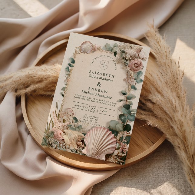Vintage Coastal Shell Romance Wedding Einladung (Von Creator hochgeladen)