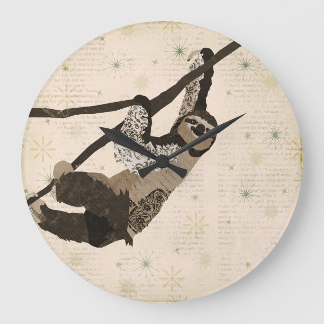 Vintage Coffee & Cream Sloth Clock Große Wanduhr (Vorderseite)