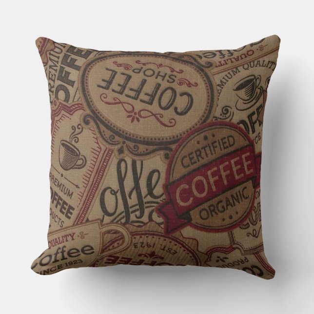 Vintage Coffee Labels Collage Throw Kissen (Vorderseite)