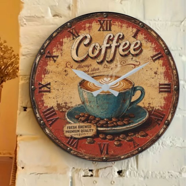 Vintage Coffee Rustic Latte Art  Große Wanduhr (Von Creator hochgeladen)
