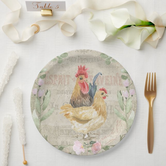 Vintage Collage - Hähne und Blume Pappteller (Hochzeit)