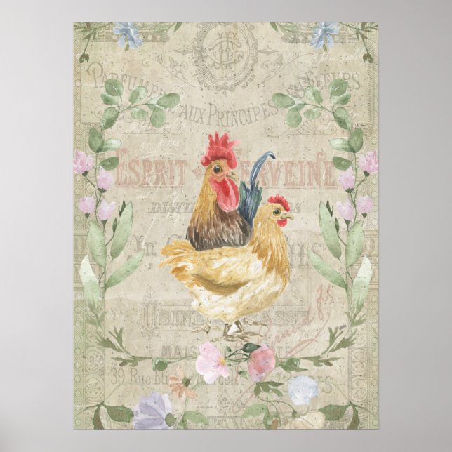 Vintage Collage - Hähne und Blume Poster (Vorne)