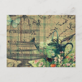 Vintage Collage mit Vogel & Vogelkäfig Garten Postkarte