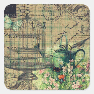 Vintage Collage mit Vogel & Vogelkäfig Garten Quadratischer Aufkleber