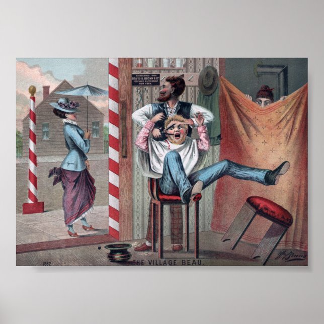 Vintage-Comical-Barbier-Shop-Illustrationsposter Poster (Vorne)
