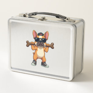 Vintage cooler französischer Bulldogge mit Knochen Metall Brotdose