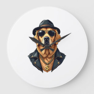 Vintage Cooler Golden Retriever Hund in Sonnenbril Große Wanduhr