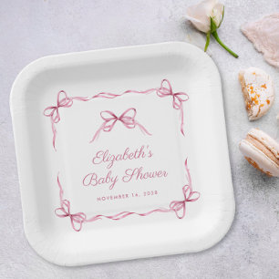 Vintage Coquette Bows Pink Baby Girl Dusche Pappteller