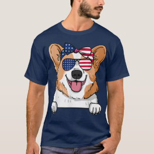 Vintage Corgi mit USA-Sonnenbrille und USA-Flaggen T-Shirt