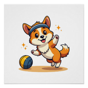Vintage Corgi Volleyball Hund Vektor Illustration Poster