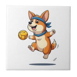 Vintage-Corgi-Volleyball-Illustration Süßer Hund A Fliese