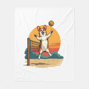Vintage Corgi Volleyball Retro-Sonnenuntergang Vek Fleecedecke